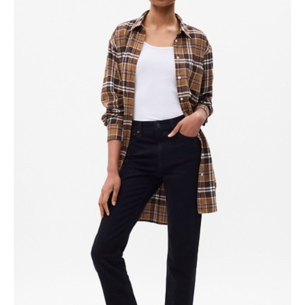 Gap Tunic S Women's Brown Plaid Weekend Flannel Button Long Sleeve Curved Hem